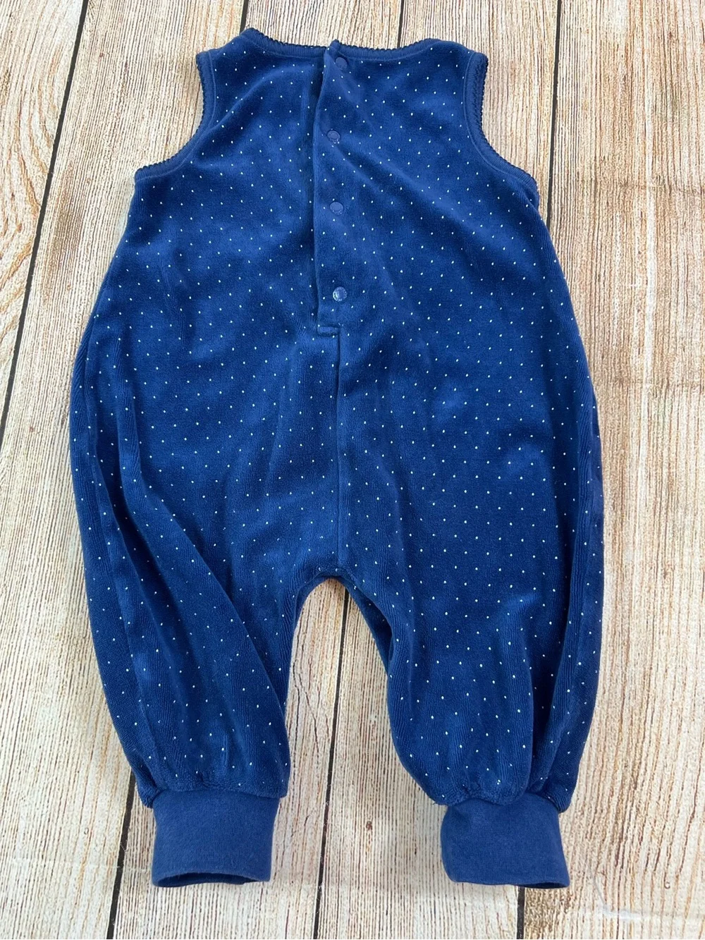 Vintage Oshkosh B’gosh Baby Velvet Polka Dot Romper Blue Embroidered 6-9 Months